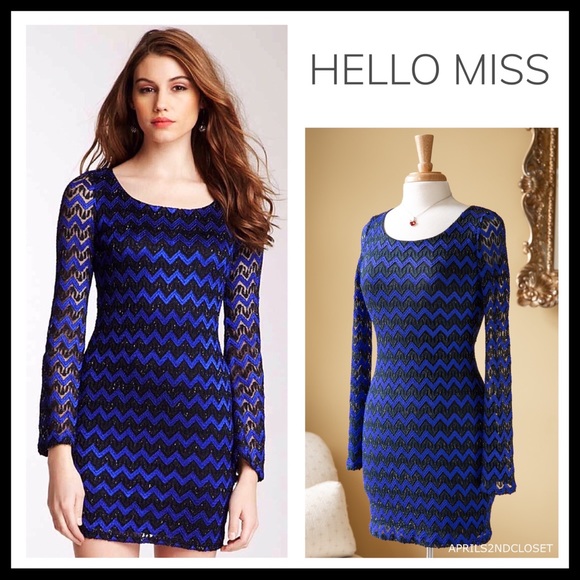 hello miss Dresses & Skirts - METALLIC COBALT LACE LONG SLEEVES MINI DRESS A2C